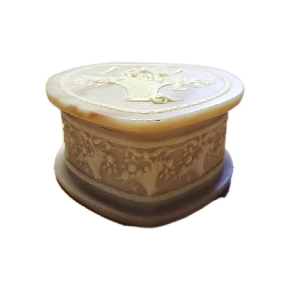 Genuine Incolay Stone Heart Shape Jewelry Trinket Box with Flower Basket Design